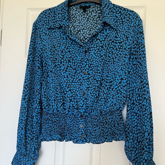 Who What Wear Tops - Satin Blue Flower Patterned Women's Top with smocked defined waist